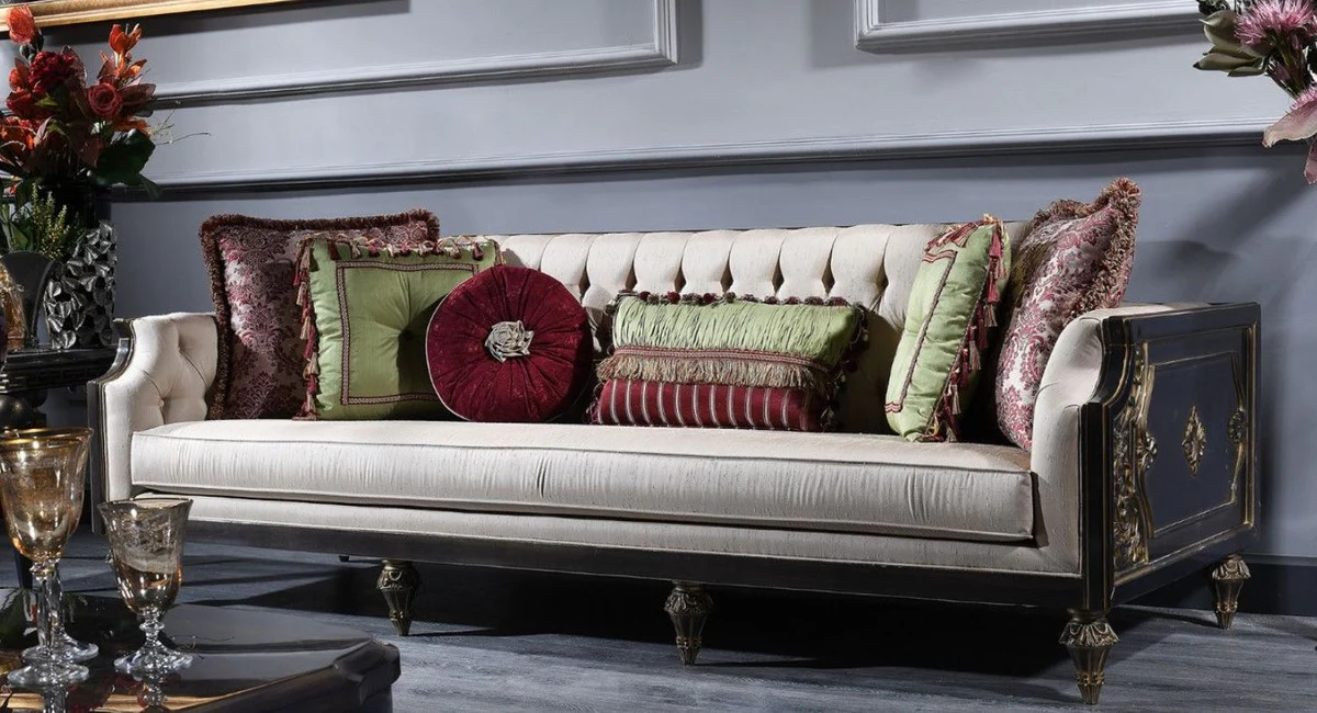 Luxury baroque living room sofa cream / blue / black / gold 238 x 92 x H. 86 cm - Magnificent baroque furniture