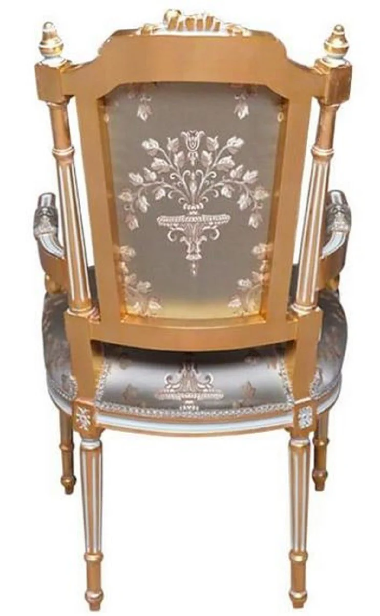 Baroque dining room chair silver / white / gold - handmade antique style chair with armrests - dining room furniture in baroque style