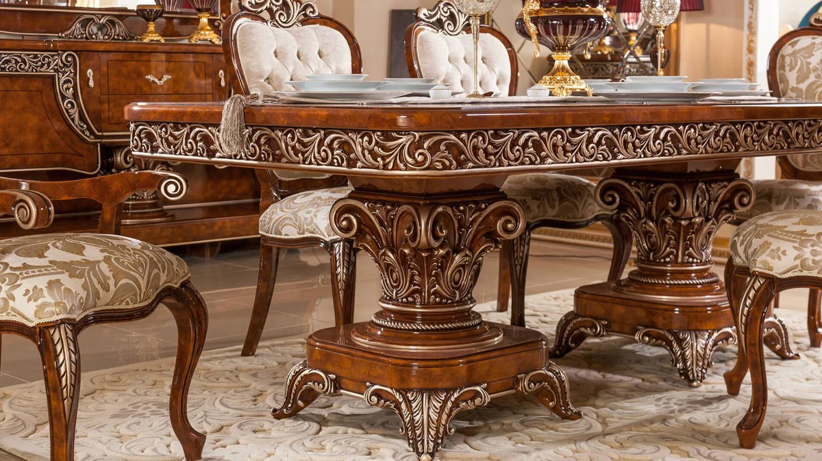 Luxury Baroque Dining Room Set Brown / Gold / Bronze - 1 Baroque Dining Table & 6 Baroque Dining Chairs - Baroque Dining Room Furniture - Luxury Furniture in Baroque Style - Noble & Magnificent