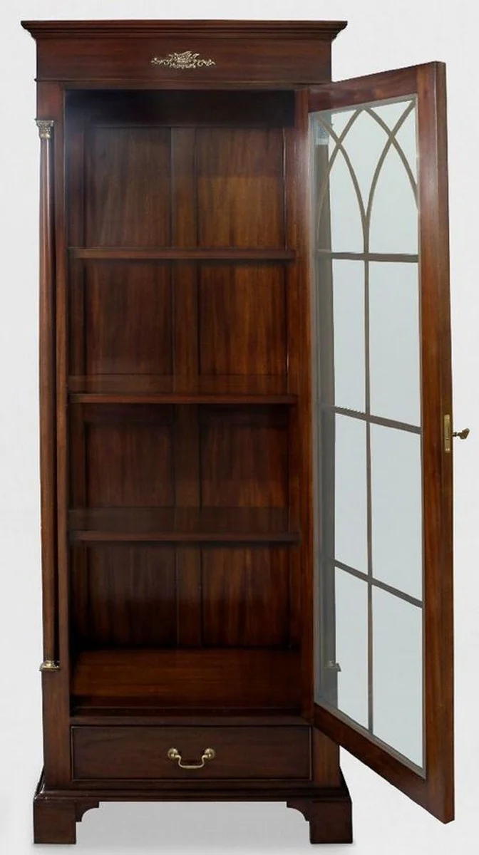 Luxury display cabinet dark brown 70 x 45 x H. 192 cm - Mahogany display cabinet with glass door and drawer - Luxury mahogany living room furniture