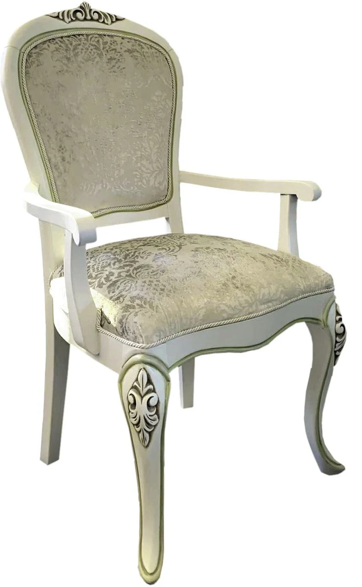 Baroque luxury dining room chair white baroque pattern / white, light green - handmade antique style chair with armrests - dining room furniture in baroque style