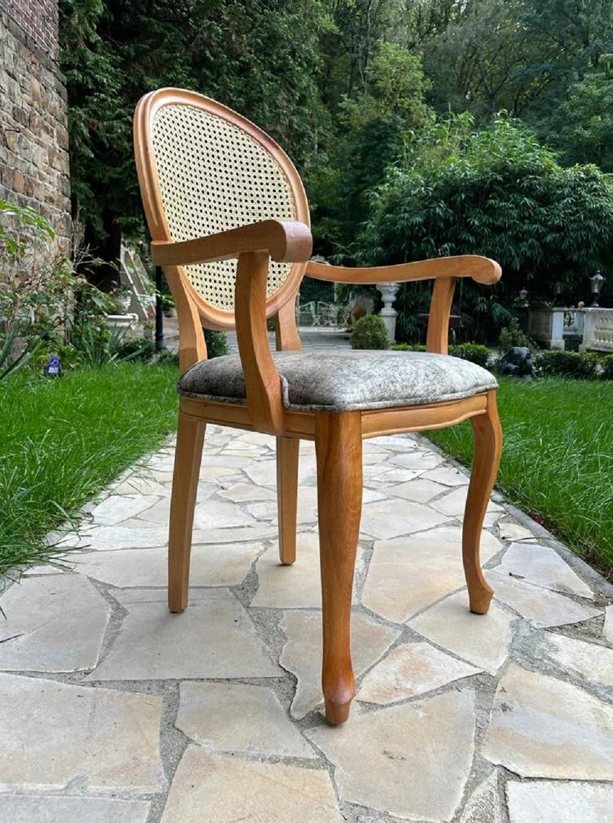 Luxus Barock Esszimmer Stuhl Grau / Naturfarben / Braun - Handgefertigter Barockstil Stuhl mit Armlehnen - Esszimmer Möbel im Barockstil - Edel & Prunkvoll