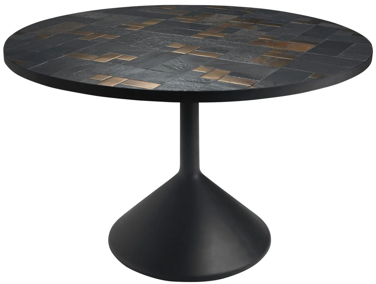 Luxury dining table multicolored / black Ø 120 x H. 76 cm - round kitchen table with slate slabs and ceramic tiles