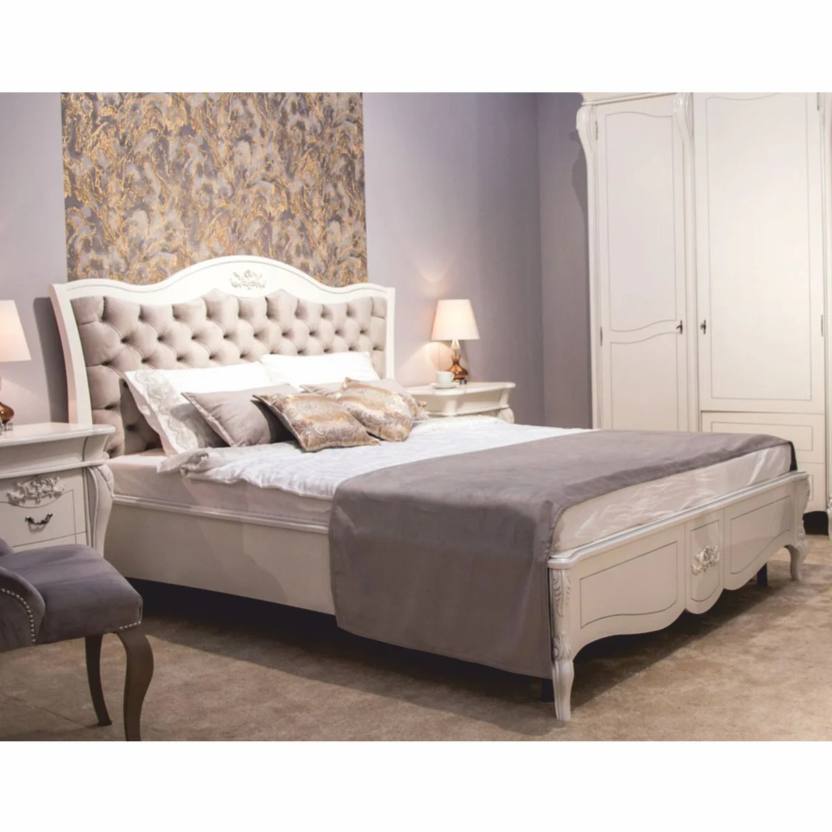Luxury Baroque Solid Wood Double Bed White / Gray - Baroque Bedroom Furniture