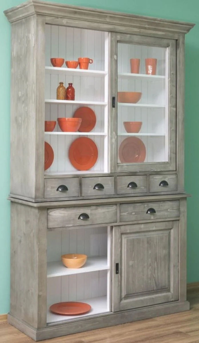 Country house style kitchen cabinet gray / white 142 x 48 x H. 225 cm - 2-part cabinet with 4 sliding doors and 6 drawers - country house style kitchen furniture