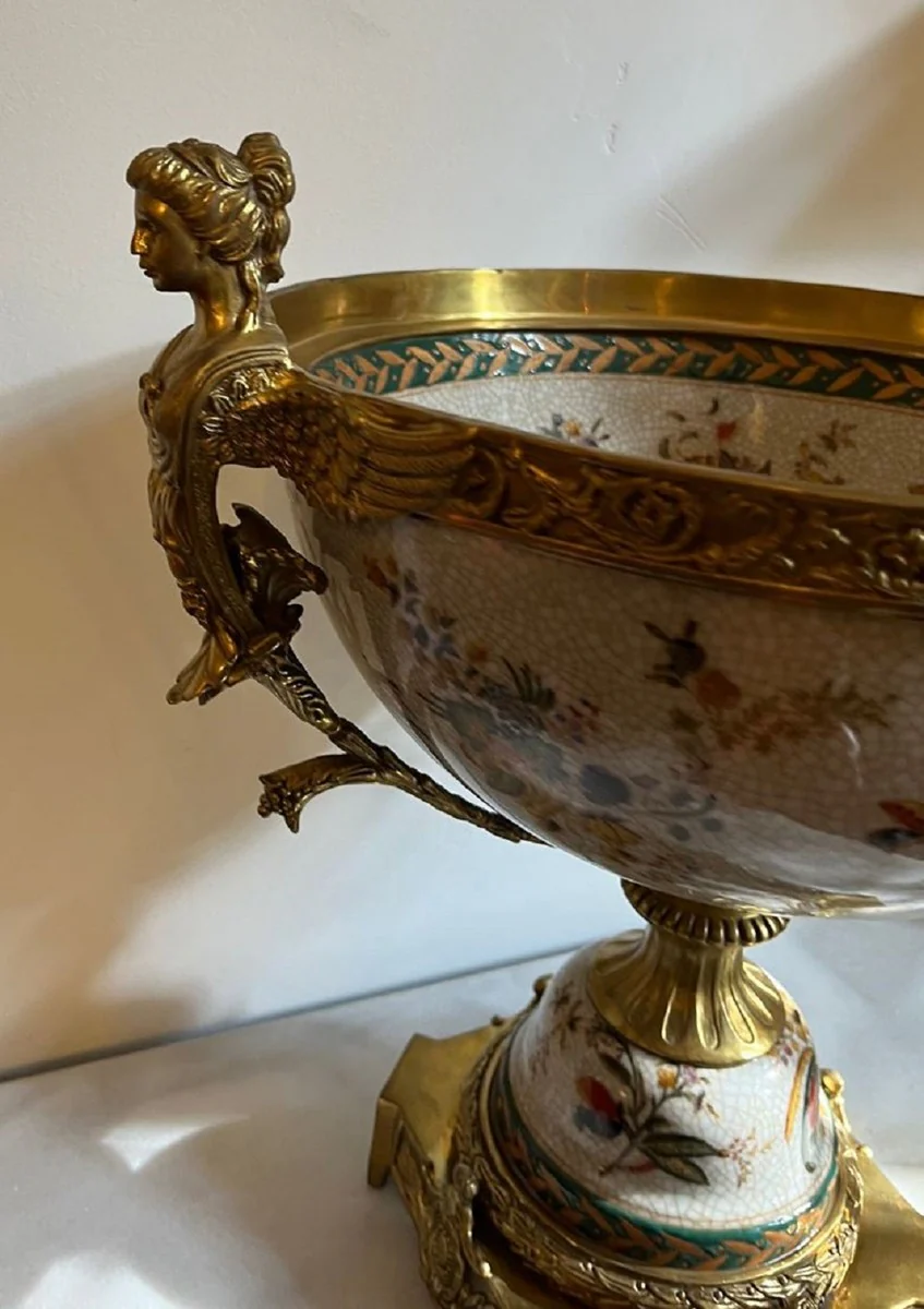 Jugendstil Porzellan Schüssel Mehrfarbig / Messing 40 x H. 42 cm - Prunkvolle Porzellan Schale - Barock & Jugendstil Deko Accessoires