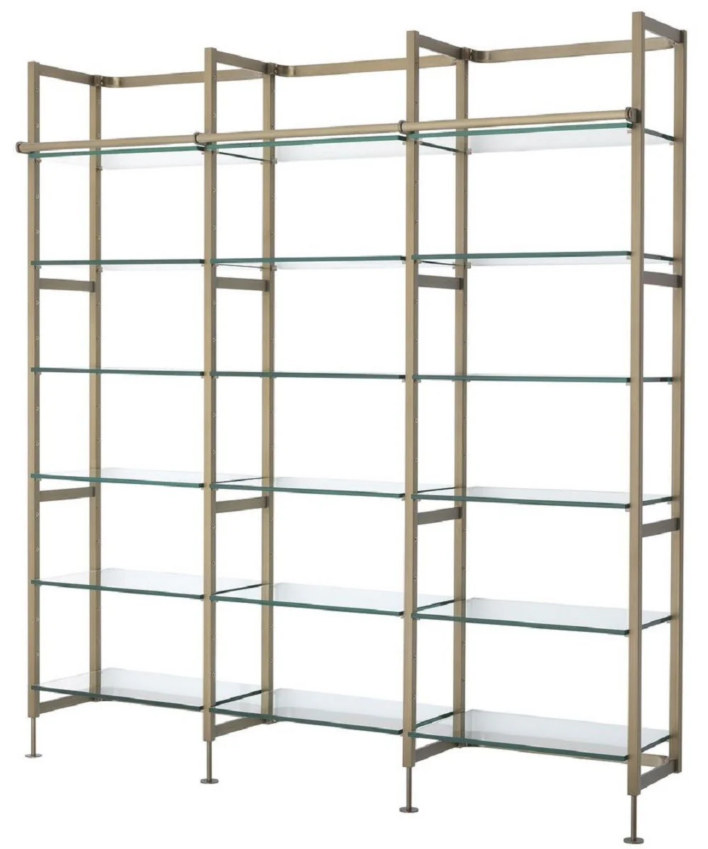 Luxury shelf cabinet brass colored 222.5 x 51 x H. 238 cm - stainless steel wall unit with 18 adjustable glass shelves - living room cabinet - office cabinet - luxury furniture