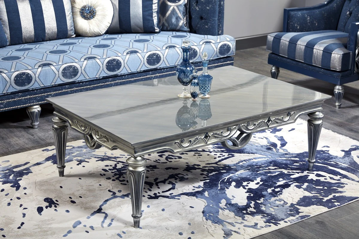 Luxury Baroque Living Room Set Dark Blue / Light Blue / Silver - Sofa & 2 Armchairs & Coffee Table - Baroque Living Room Furniture