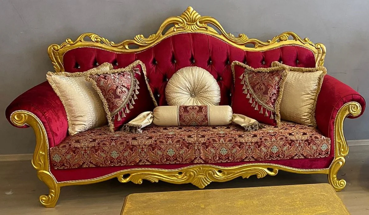 Luxury Baroque Sofa Bordeaux Red / Multicolored / Gold - Magnificent Living Room Sofa with Elegant Pattern and Rhinestones - Living Room Furniture - Baroque Furniture - Noble & Magnificent