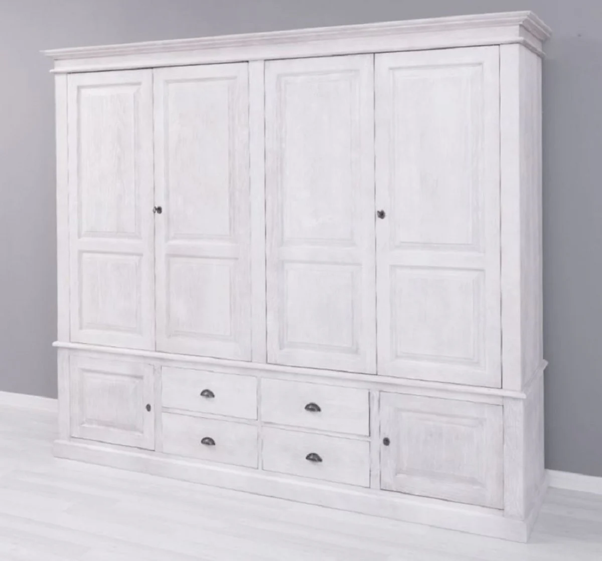Country house style bedroom wardrobe light gray 232 x 59 x H. 197 cm - solid wood wardrobe with 6 doors and 4 drawers - solid wood bedroom furniture in country house style
