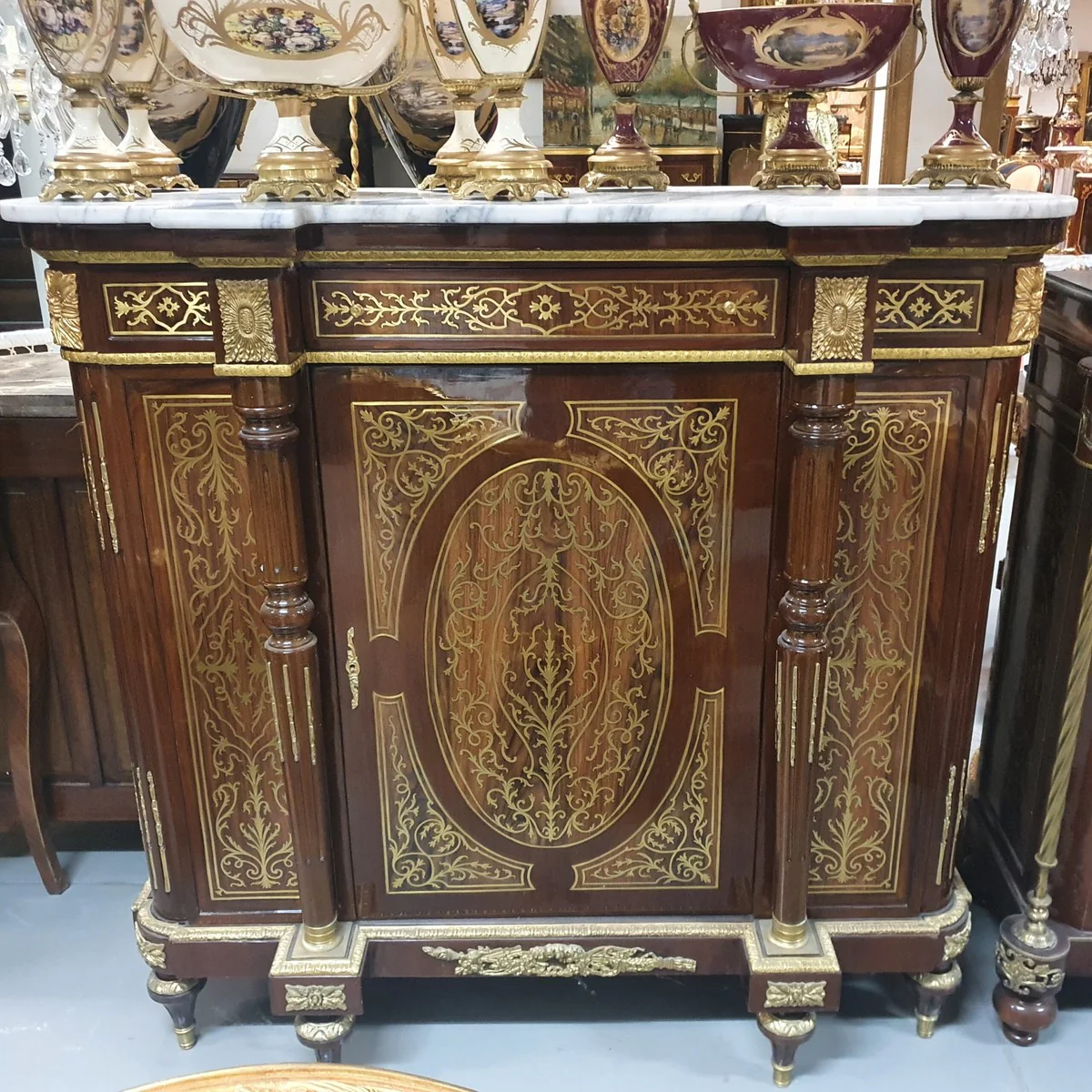 Baroque Boulle chest of drawers brown / gold with white marble top 130 cm - furniture cabinet sideboard