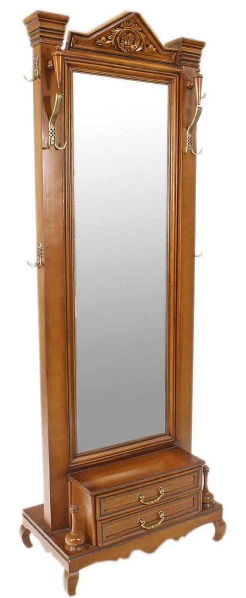 Baroque solid wood standing mirror with 2 drawers & coat hooks brown 50 x H. 190 cm - Baroque furniture