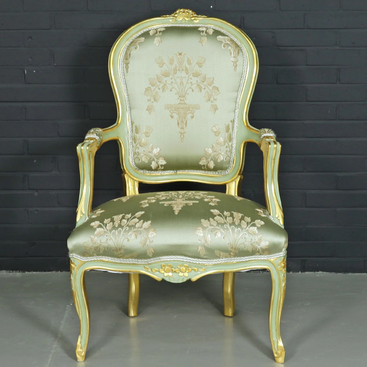Baroque salon chair medallion Mod1 with armrests light green / gold - antique style chair