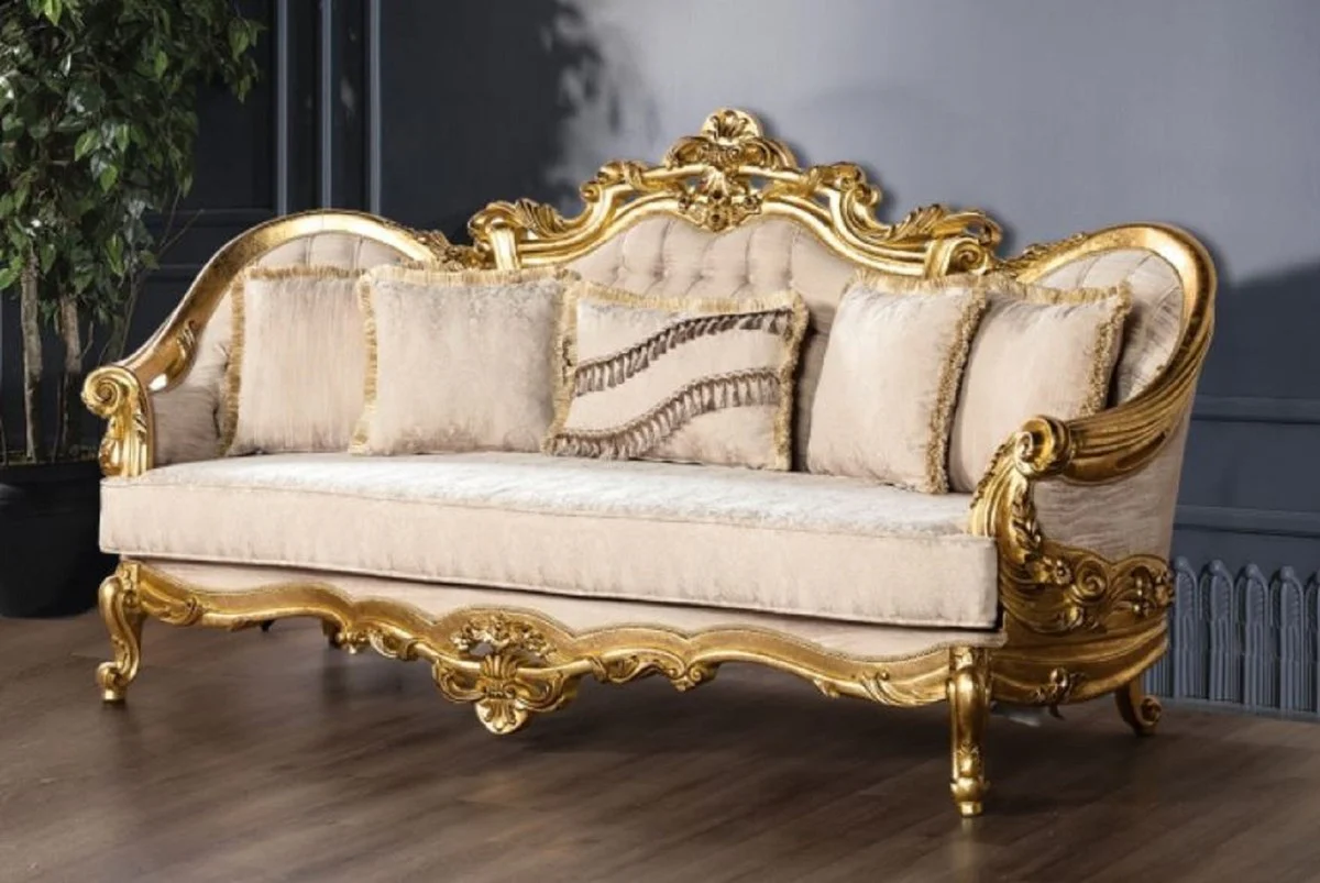 Luxury Baroque Sofa Cream / Gold - Magnificent Living Room Sofa with Pattern - Baroque Living Room Furniture - Noble & Magnificent