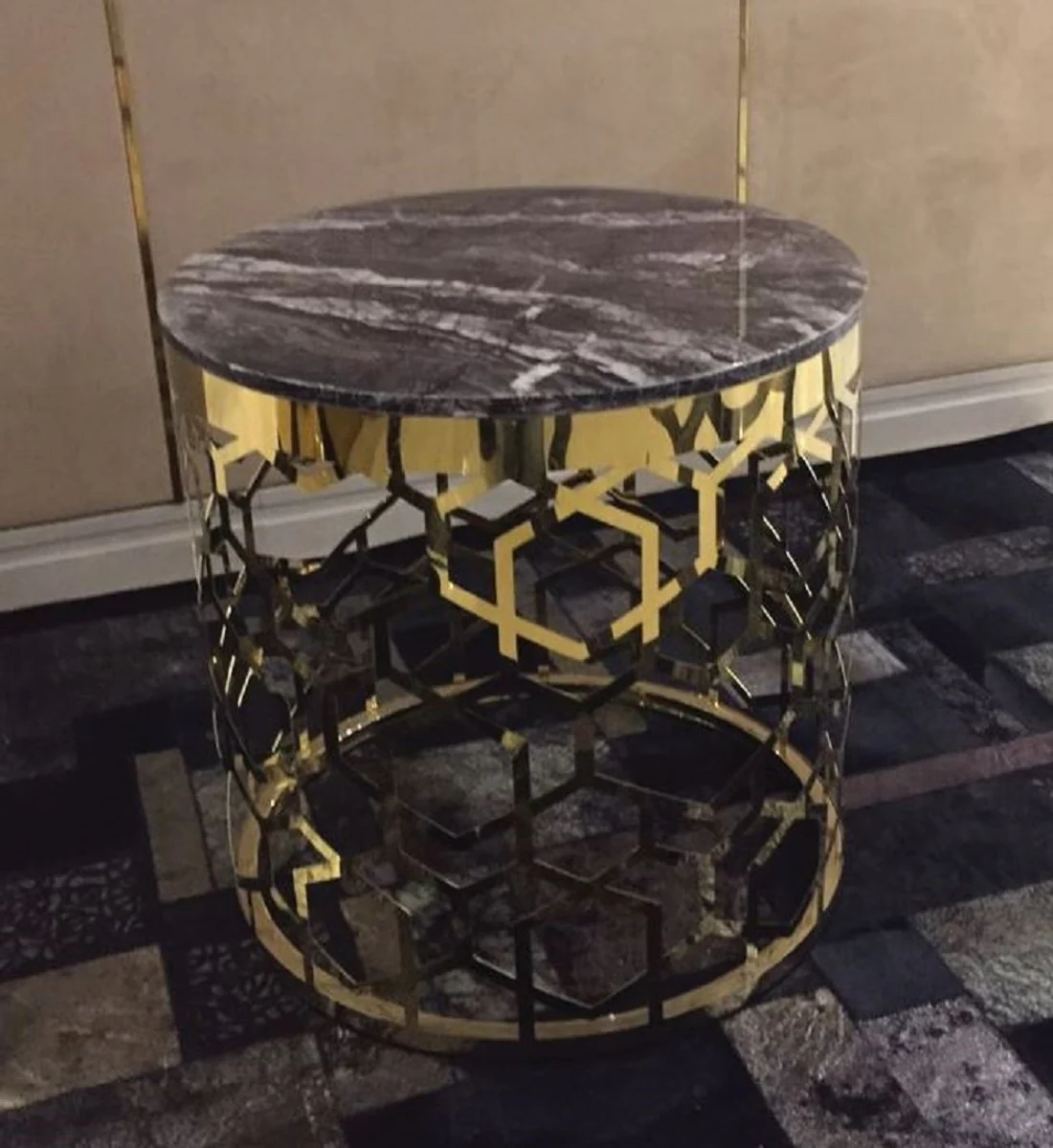 Luxury side table with artificial marble table top grey-black / gold H. 55 cm