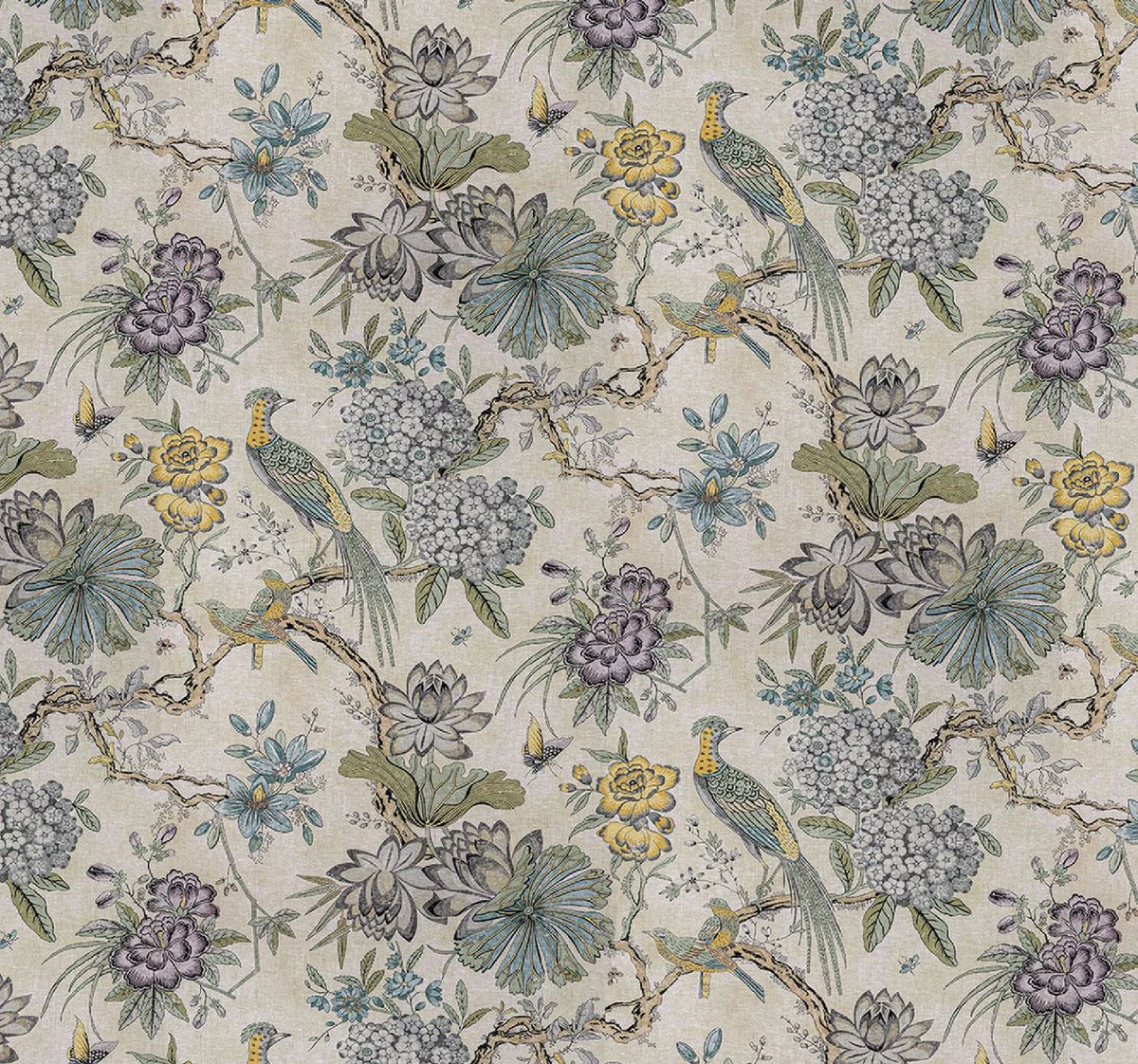 Luxus Vorhang Set Blumen & Vögel Hellbeige / Mehrfarbig 250 x H. 290 cm - Bedruckte Leinen & Samt Vorhänge - Ösenvorhänge - Schiebevorhänge - Wohnzimmer Schlafzimmer Vorhänge