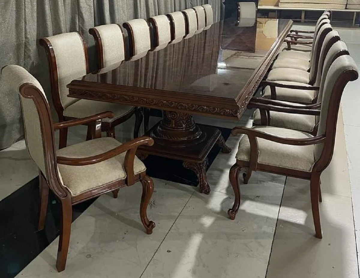 Luxury Baroque Dining Room Set Gray / Brown - 1 Huge Baroque Dining Table & 14 Baroque Dining Chairs - Baroque Dining Room Furniture - Luxury Furniture in Baroque Style - Noble & Magnificent