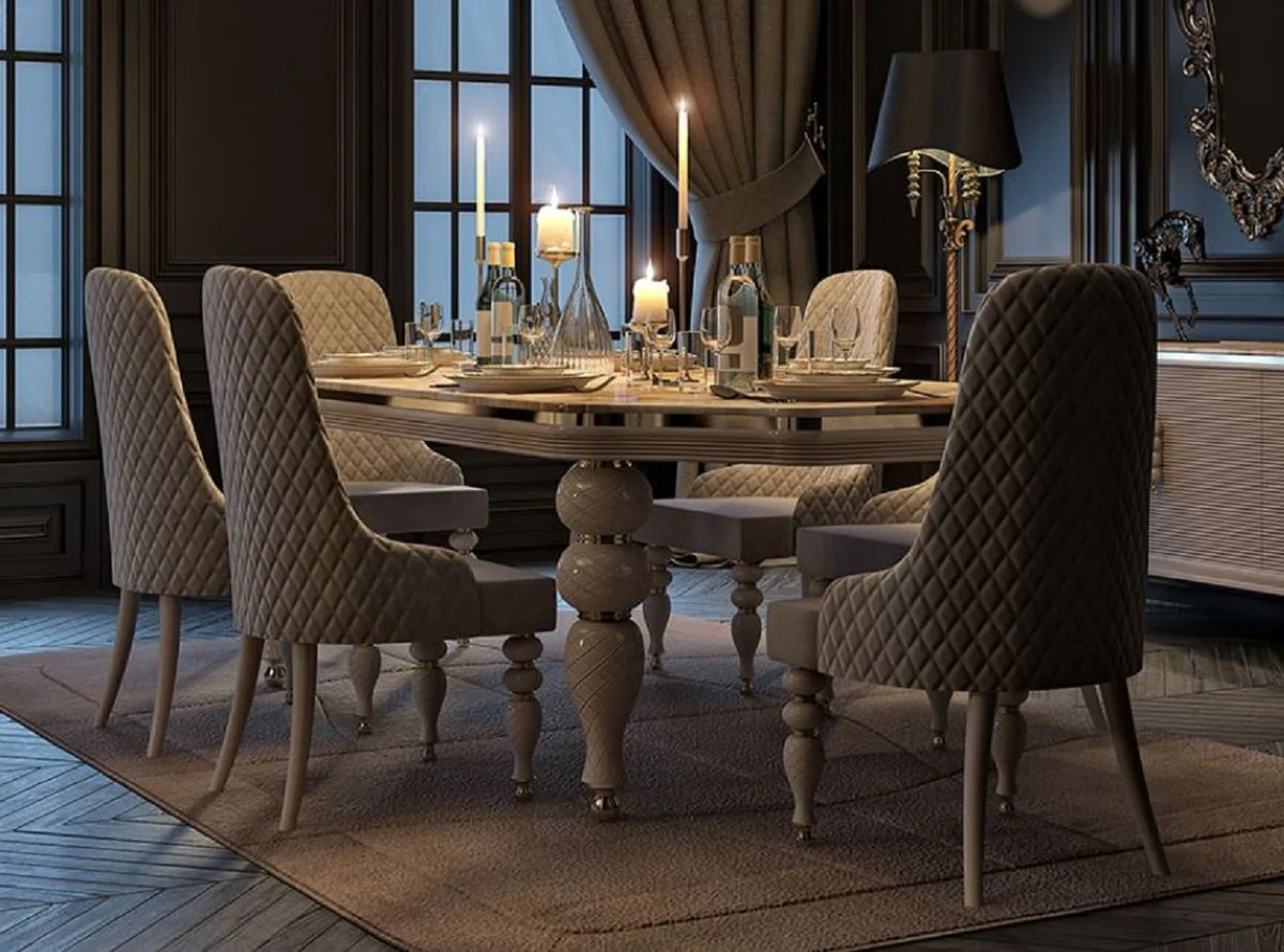 Luxury Art Deco Dining Room Set Gray / White / Gold - 1 Art Deco Dining Table with Faux Marble Table Top & 6 Art Deco Dining Room Chairs - Art Deco Dining Room Furniture - Luxury Quality