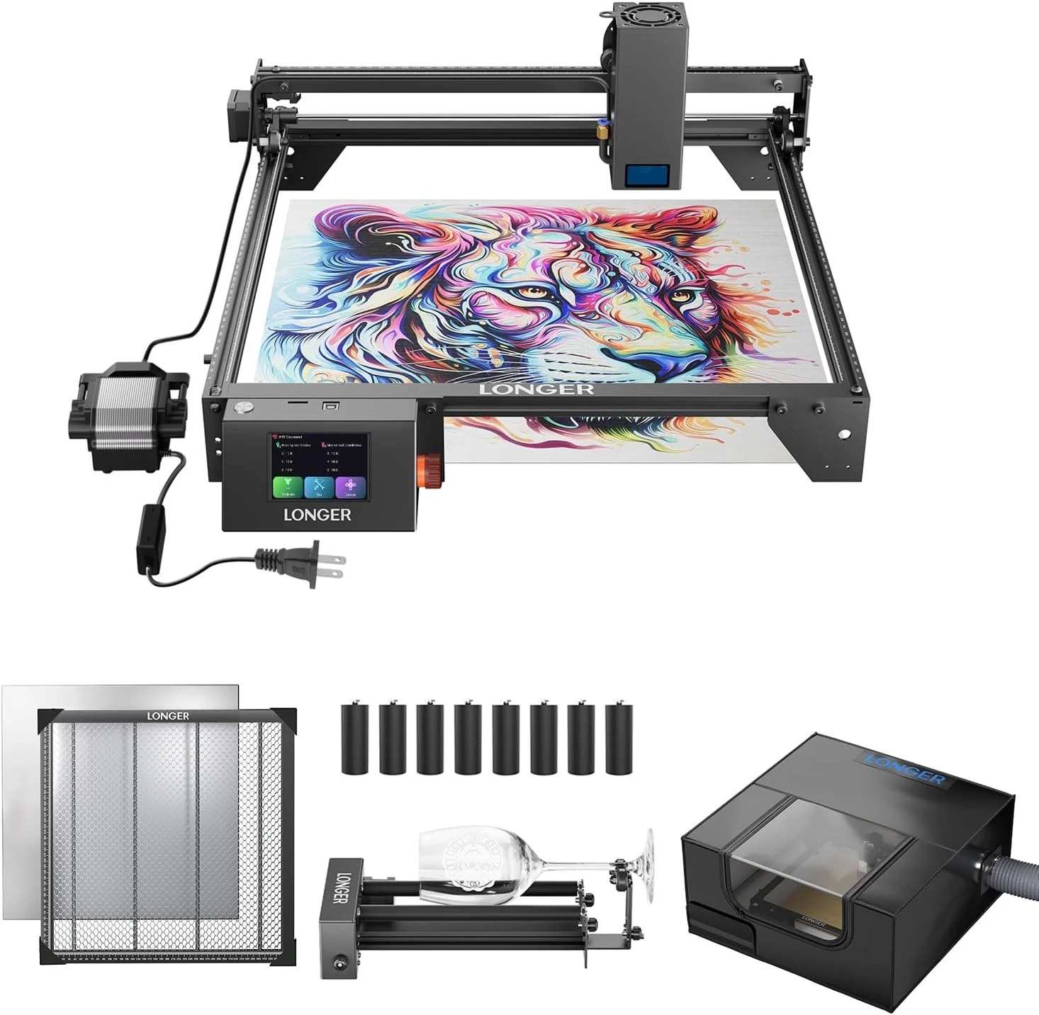 Longer RAY5 20W laser cutter and laser engraver for tumbler, rotary roller bundle, 17.3x 17.3 work bed, housing with vent, and air pump laser engraver for wood and metal, acrylic