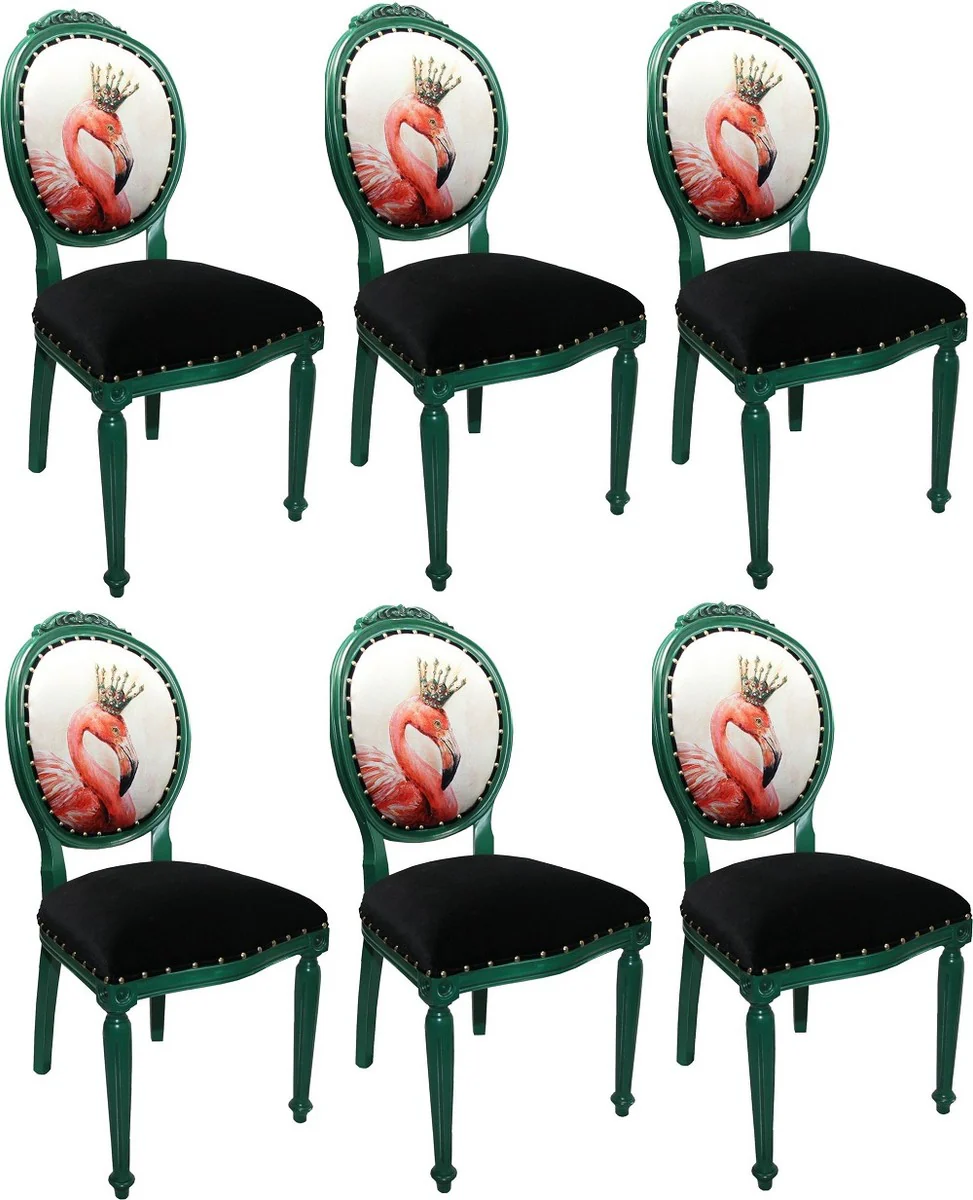 Luxury baroque dining room set flamingo with crown green / black / multicolored 48 x 50 x H. 98 cm - 6 handmade dining chairs with bling bling rhinestones - baroque dining room furniture