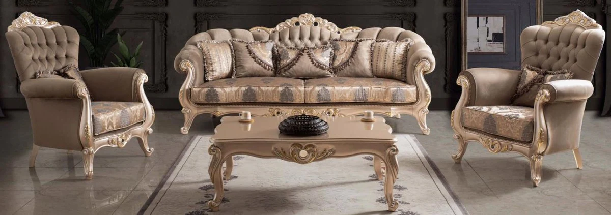 Luxus Barock Wohnzimmer Set Taupe / Bronze / Gold - 2 Sofas & 2 Sessel & 1 Couchtisch - Wohnzimmer Möbel im Barockstil - Edel & Prunkvoll