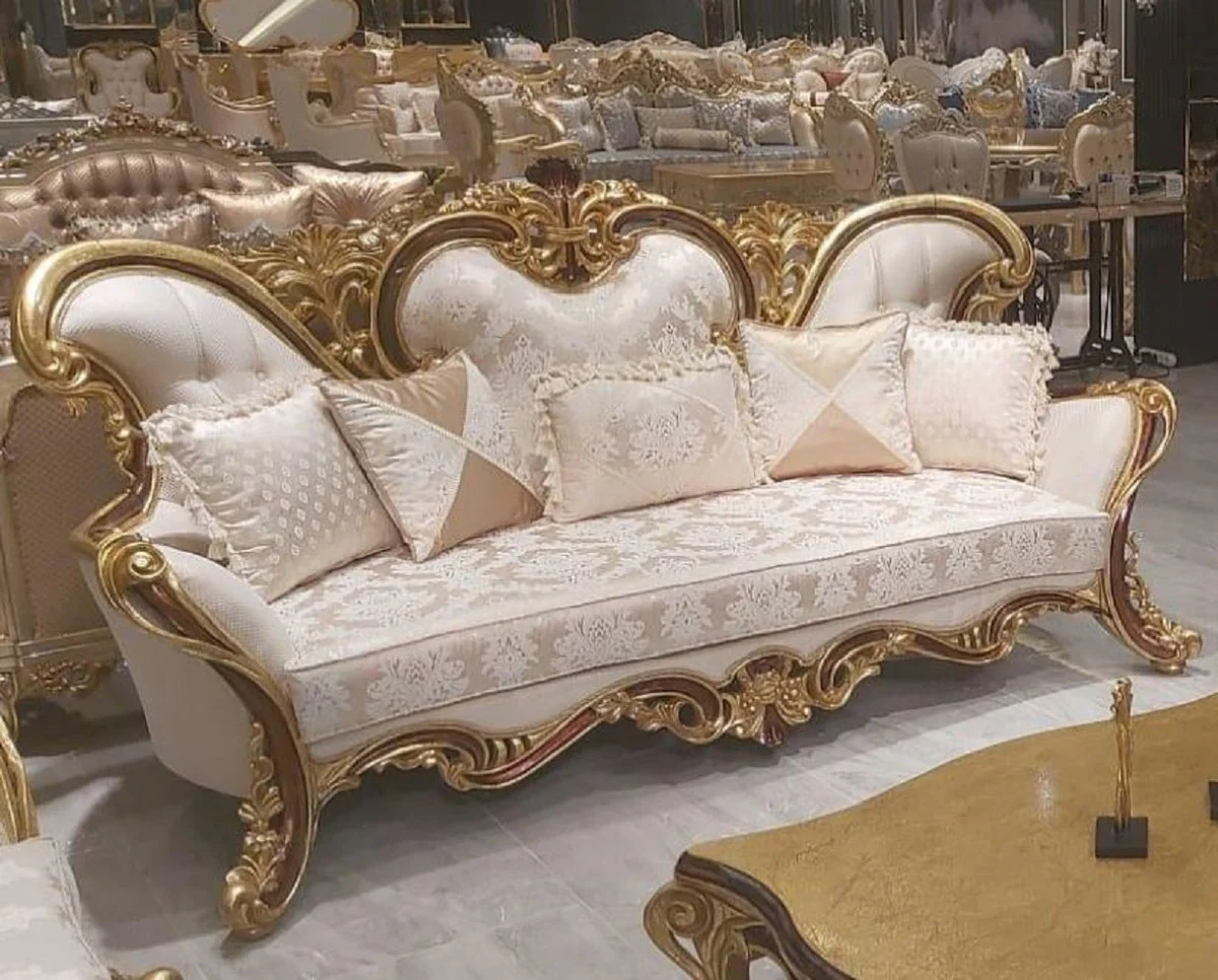 Luxury Baroque Sofa Cream / Brown / Gold - Magnificent Living Room Sofa with Pattern - Baroque Furniture - Noble & Magnificent
