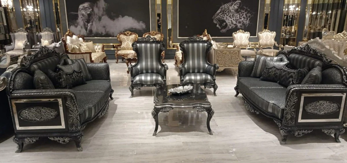 Luxury Baroque Living Room Set Gray / Black / Silver - 2 Baroque Sofas & 2 Baroque Armchairs & 1 Baroque Coffee Table - Baroque Living Room Furniture