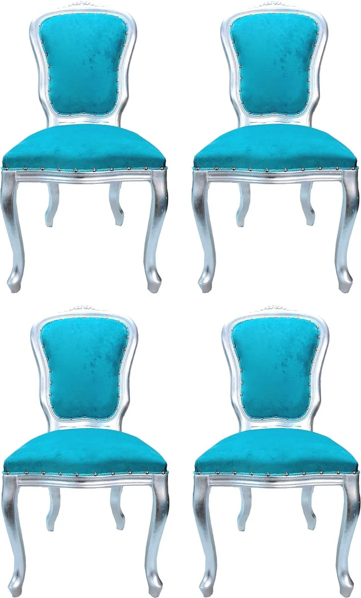 Luxury baroque dining room set Louis turquoise / silver 50 x 60 x H. 104 cm - 4 handmade dining chairs - Baroque dining room furniture - Made in Italy