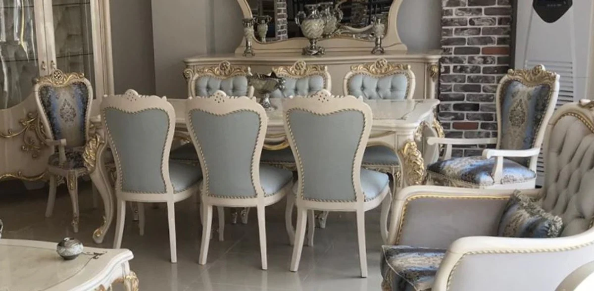 Luxury baroque dining room set light blue / dark blue / white / gold - 1 dining table & 8 dining room chairs - Magnificent dining room furniture in baroque style - luxury quality