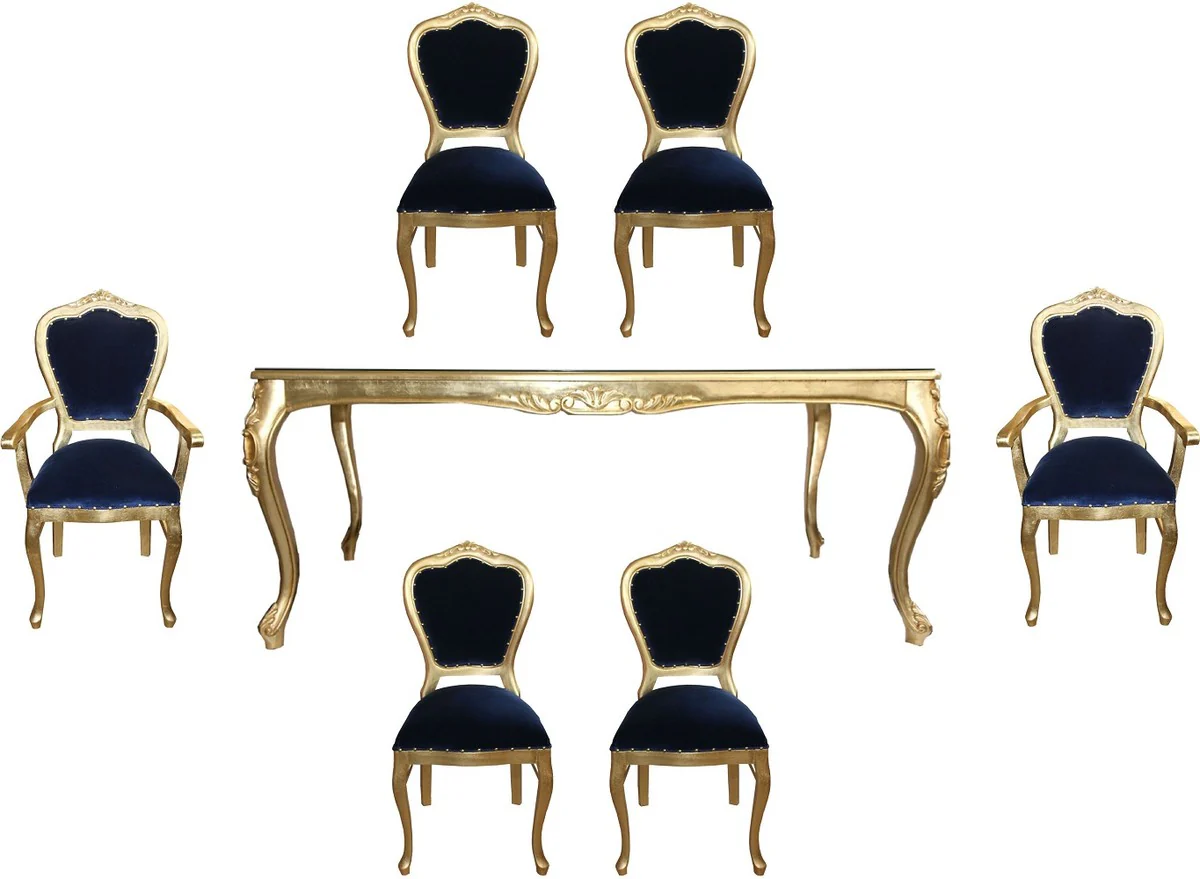 Luxury Baroque dining room set royal blue / gold - 1 dining table with glass top and 6 chairs - Baroque dining room furniture - Made in Italy - Luxury Collection