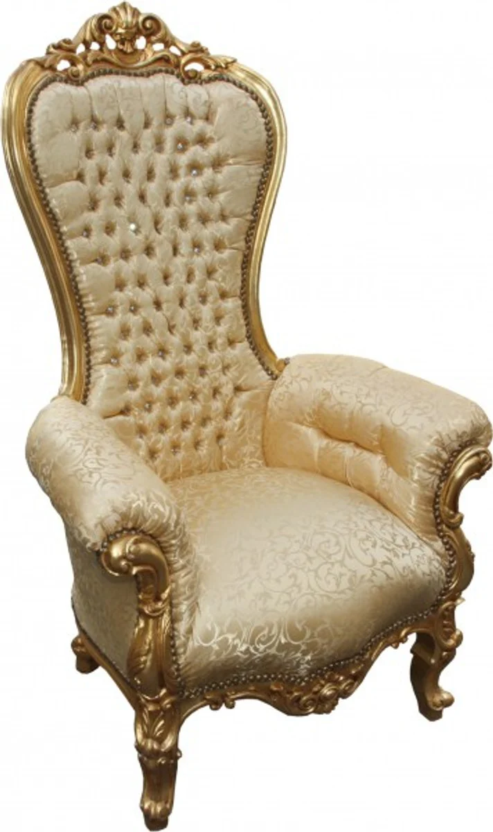 Barock Thron Sessel Majestic Medium Gold Muster / Gold mit Bling Bling Glitzersteinen - Riesensessel - Thron Stuhl Tron
