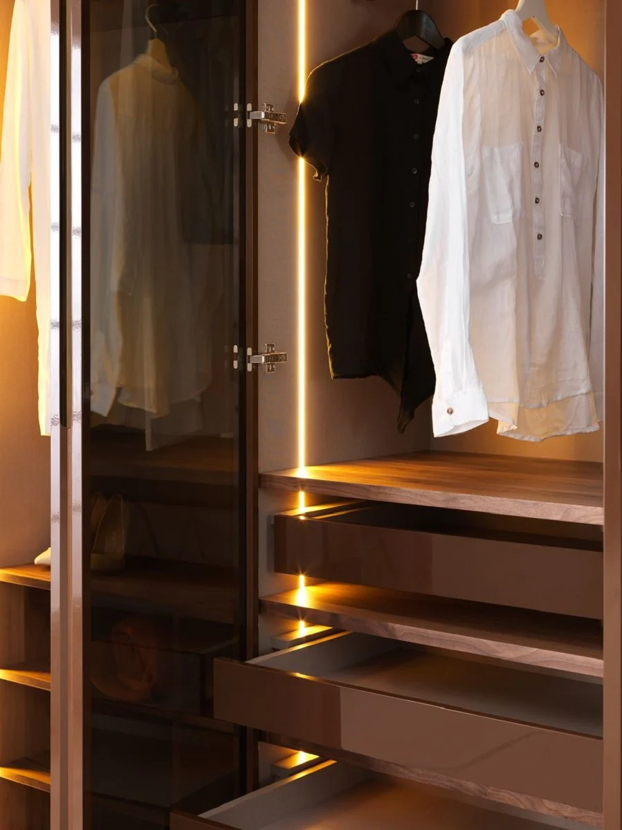 Luxury bedroom wardrobe dark brown 360 x 62 x H. 230 cm - Illuminated wardrobe with 8 glass doors - Bedroom furniture - Hotel furniture - Luxury furniture