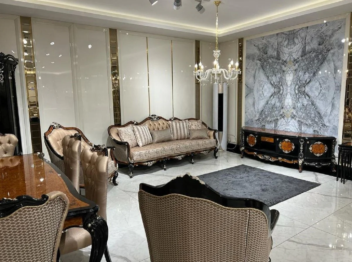 Luxury Baroque Living Room Sofa Gold / Brown / Black / Silver - Magnificent Baroque Style Sofa with Decorative Pillows - Luxury Living Room Furniture in Baroque Style - Baroque Furniture