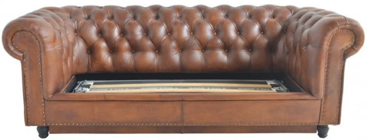 Luxury Chesterfield leather sofa bed brown 240 x 102-220 x H. 76 cm - Real leather living room sofa - Real leather living room furniture - Luxury leather furniture