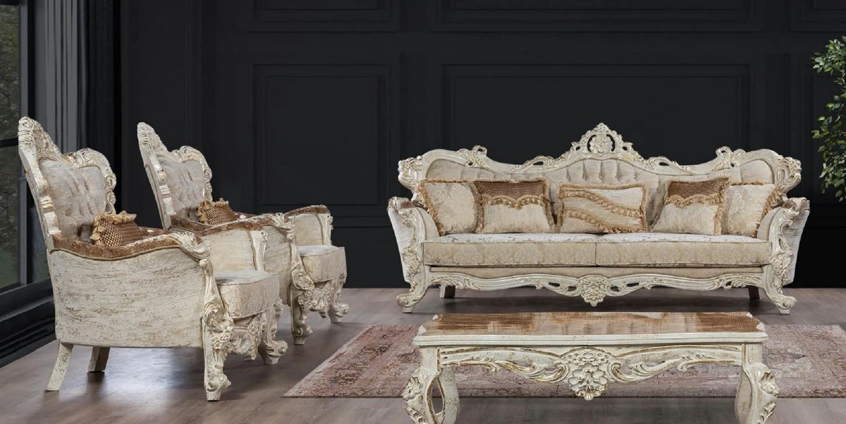 Luxus Barock Wohnzimmer Set Beige / Braun / Antik Weiß / Gold - 2 Barock Sofas mit Muster & 2 Barock Sessel mit Muster & 1 Barock Couchtisch - Barock Wohnzimmer Möbel