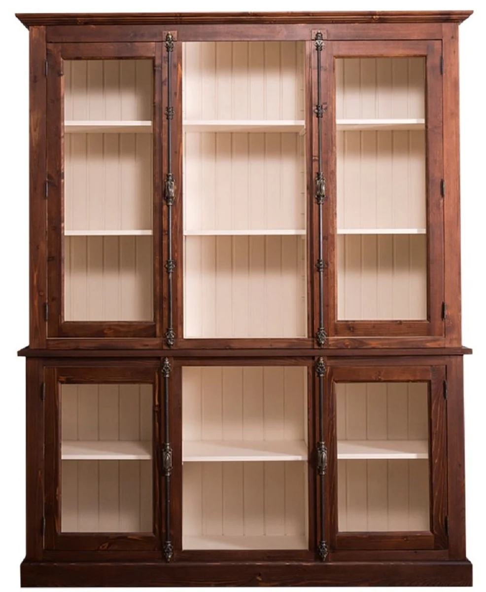 Country house style living room cabinet dark brown / cream 184 x 48 x H. 228 cm - solid wood display cabinet with 4 glass doors