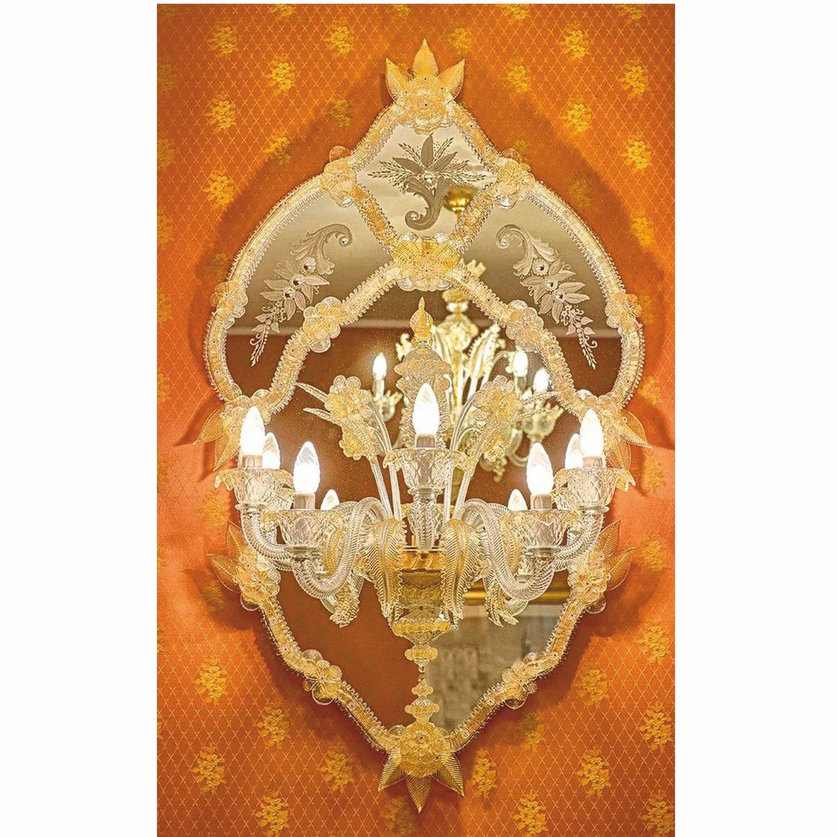 Luxury baroque mirror with wall light yellow H. 115 cm - Made in Italy