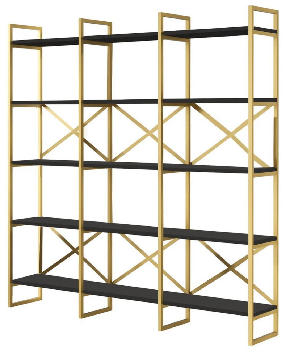 Luxury shelf cabinet with solid wood shelves gold / black 170 x 30 x H. 175 cm - bookcase - living room cabinet - office cabinet - living room furniture - office furniture - luxury furniture