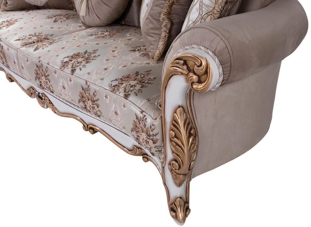 Luxury baroque sofa with cushions gray / multicolored / white / bronze 232 x 87 x H. 101 cm - living room couch with floral pattern and beautiful decorations