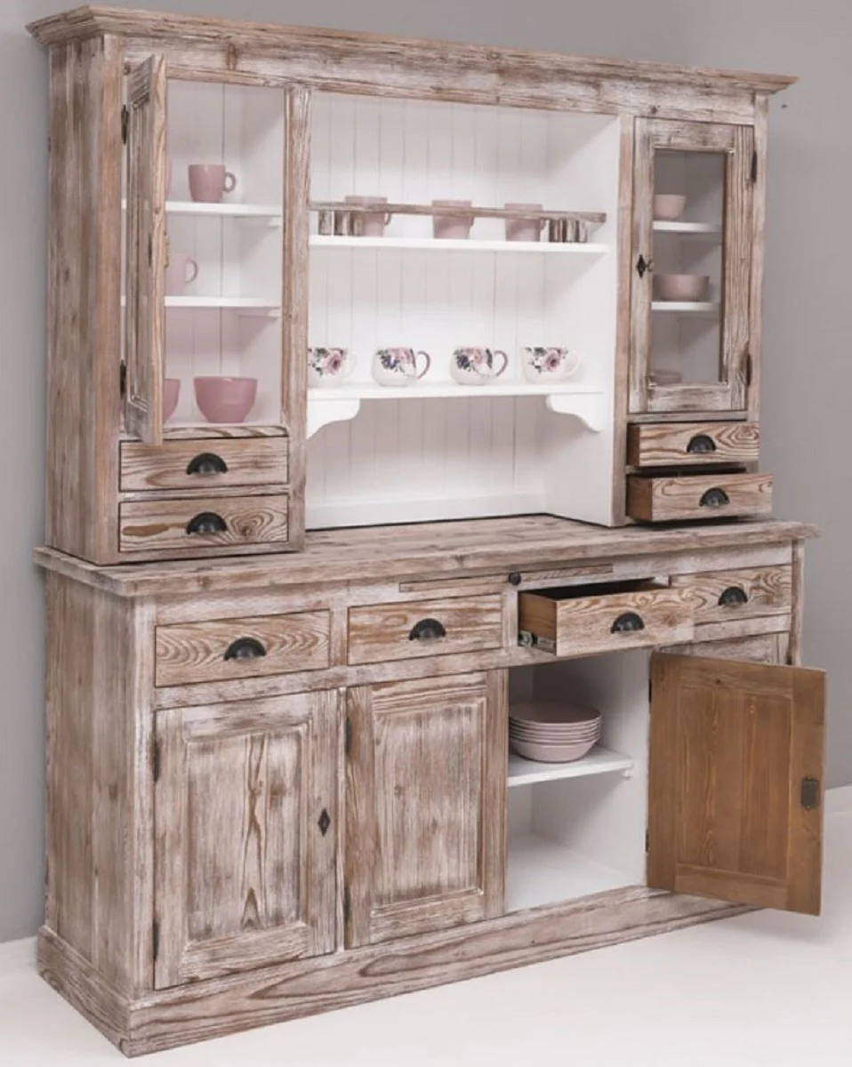 Country house style dining room cabinet brown / white 180 x 50 x H. 197 cm - solid wood kitchen cabinet - dining room furniture in country house style - country house style dining room furnishings