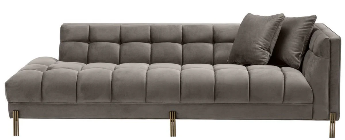 Luxury lounge sofa gray - greige / brass colored 223 x 95 x H. 68 cm - right-side living room sofa with elegant velvet fabric and 2 cushions