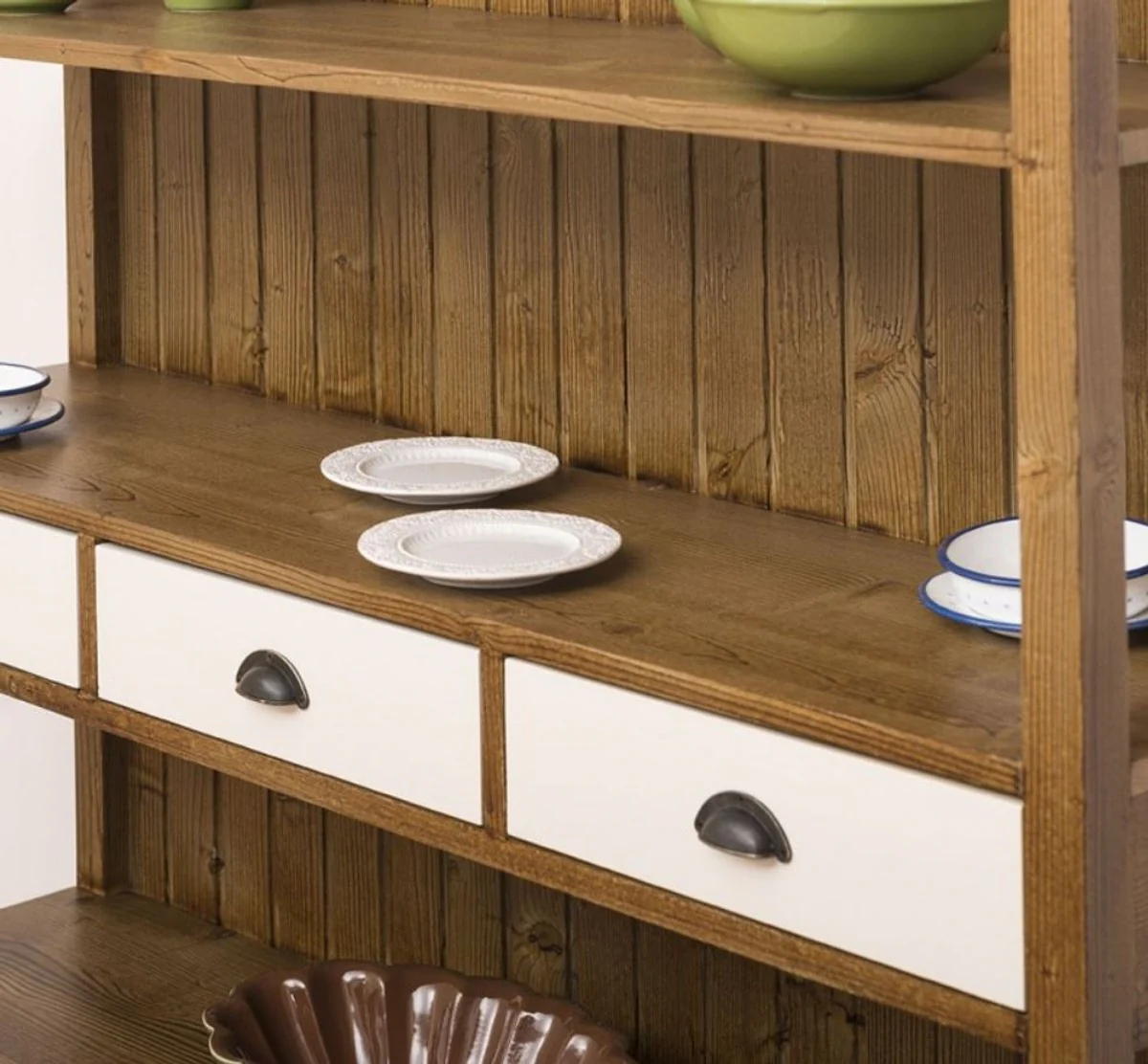 Country house style shelf cabinet brown / white 140 x 39 x H. 197 cm - country house style cabinet with 3 drawers - solid wood kitchen cabinet - country house style furniture