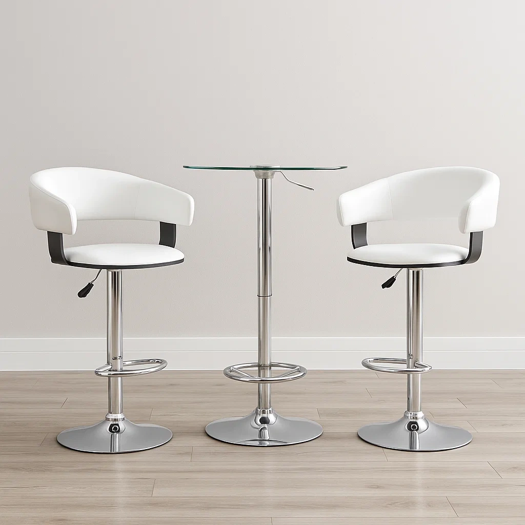 Bartisch- und Hocker-Set, bestehend aus einem Tisch und zwei Stühlen, weiß, Glas, Metall und Kunstleder, geeignet für den Innenbereich
