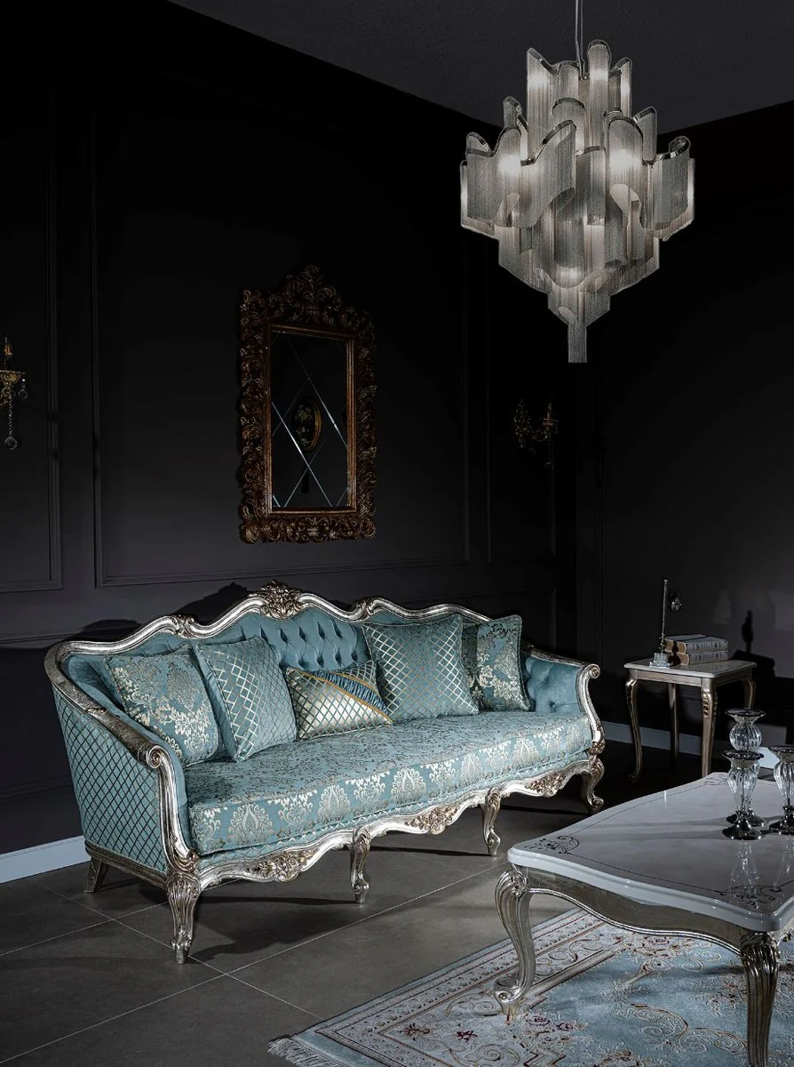 Luxury baroque sofa light blue / silver / gold 238 x 85 x H. 106 cm - living room sofa with elegant pattern and decorative pillows - baroque living room furniture