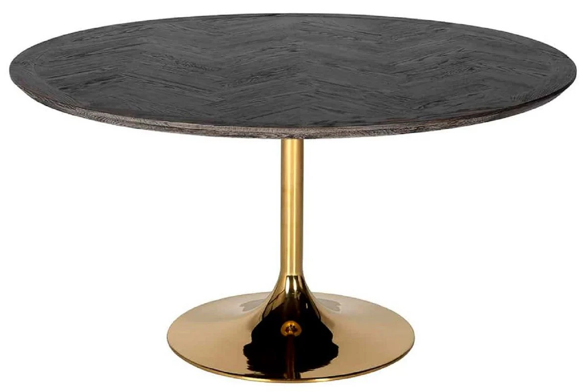 Luxury dining table black / gold Ø 140 x H. 75 cm - Round dining room table with oak veneer table top and stainless steel table leg - Luxury dining room furniture