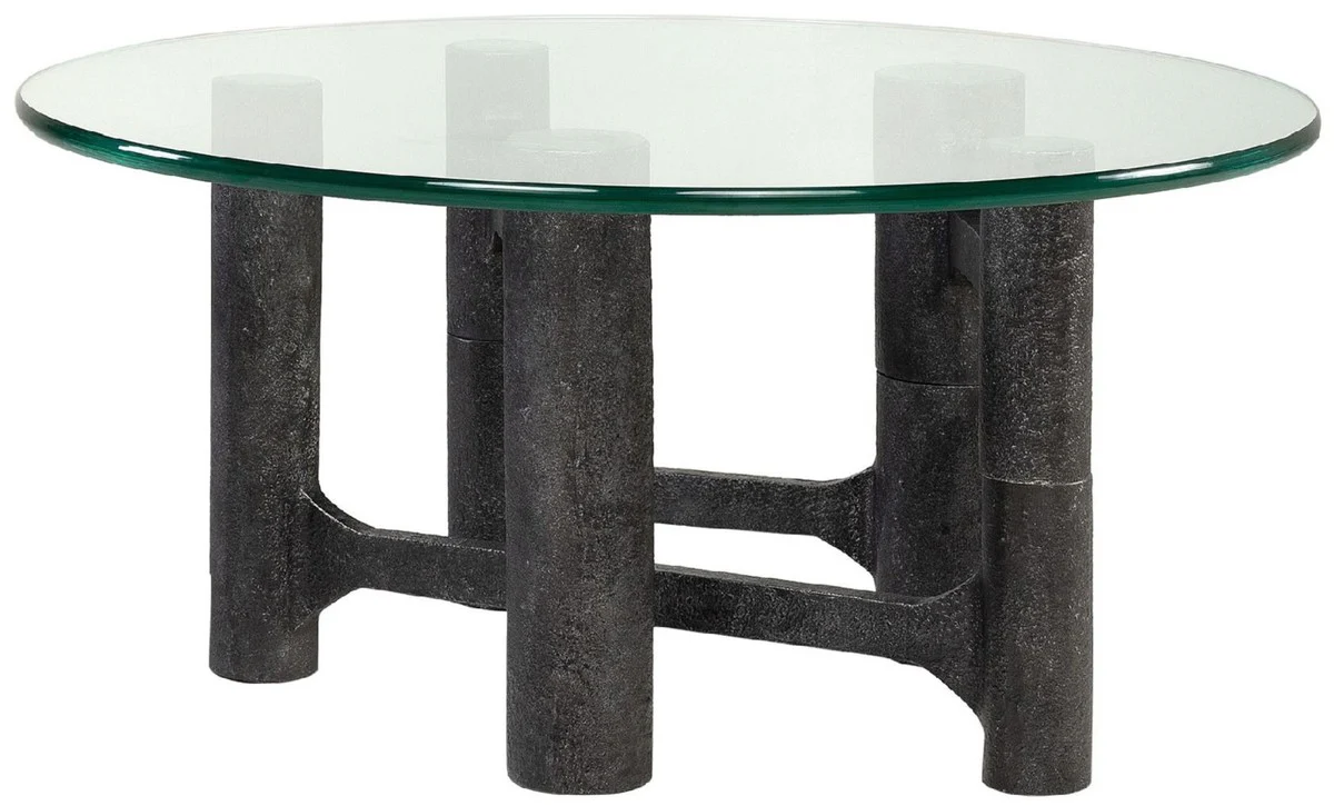 Luxury coffee table antique black Ø 75 x H. 35.5 cm - Round aluminum living room table with glass top - Living room furniture - Luxury furniture - Luxury furnishings