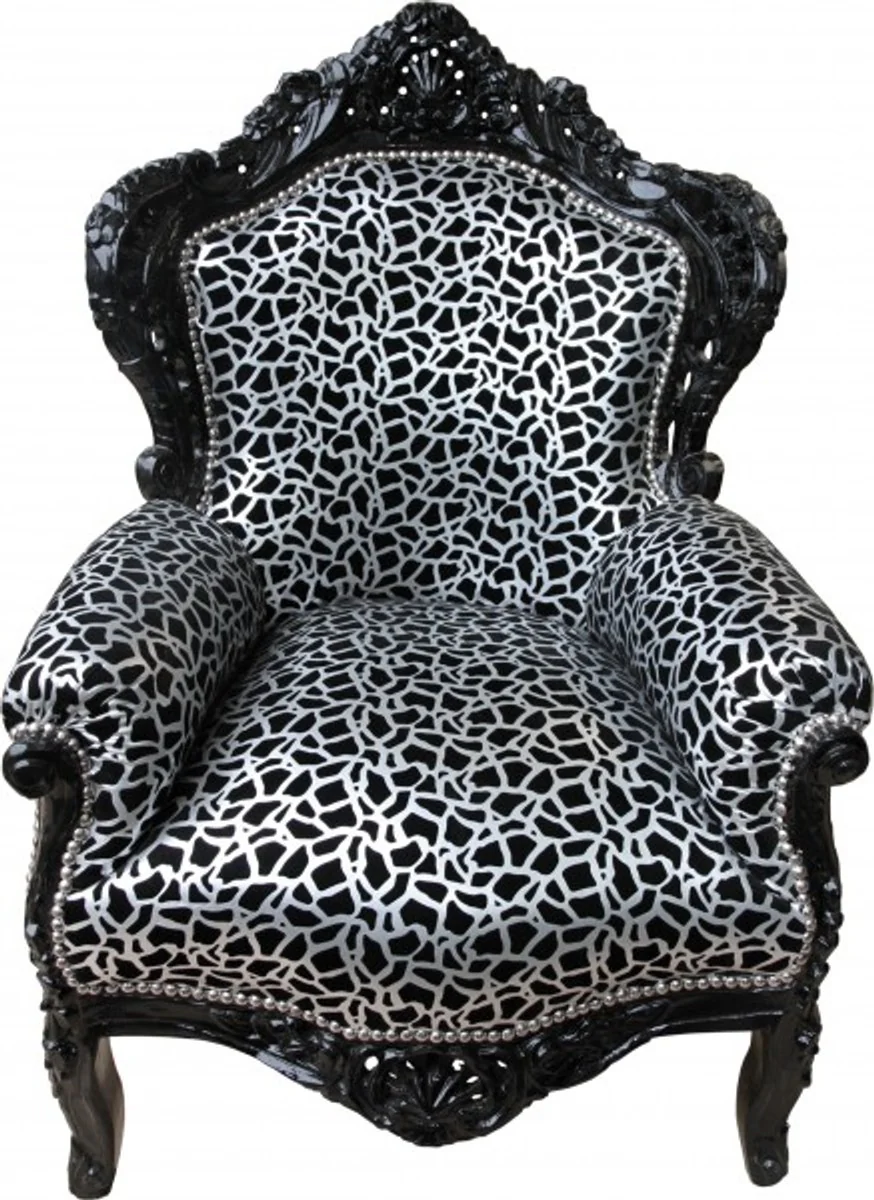 Barock Sessel King Silber Schwarz Muster / Schwarz 85 x 85 x H.120 cm
