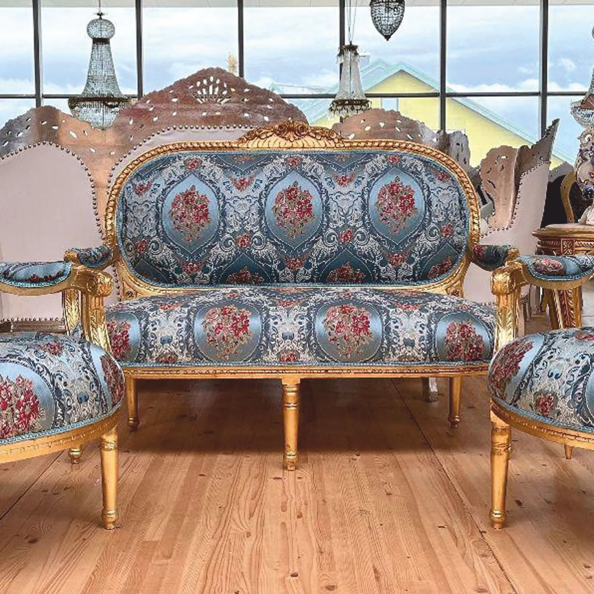 Baroque 2 seater sofa light blue / colorful / gold 150 cm - Baroque furniture