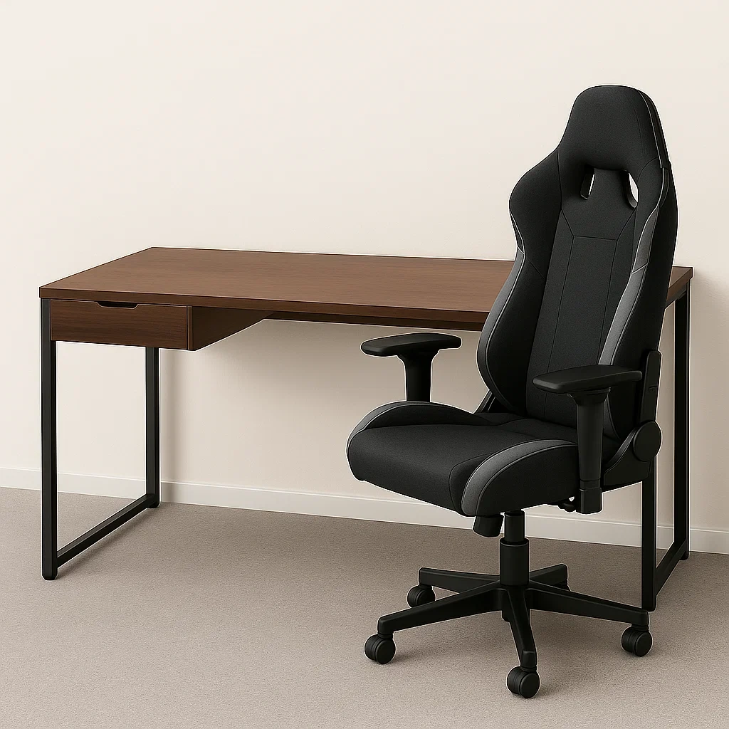 Computertisch aus Holz und Metall, braun und schwarz, mit einer Schublade, einfache Montage, Maße 160 x 60 x 75 cm, geeignet für Büro oder Zuhause; Bürostuhl aus Stoff und Kunststoff, schwarz, mit Rollen und Armlehnen, Maße 60 x 60 x 120 cm – vxxN3Ai