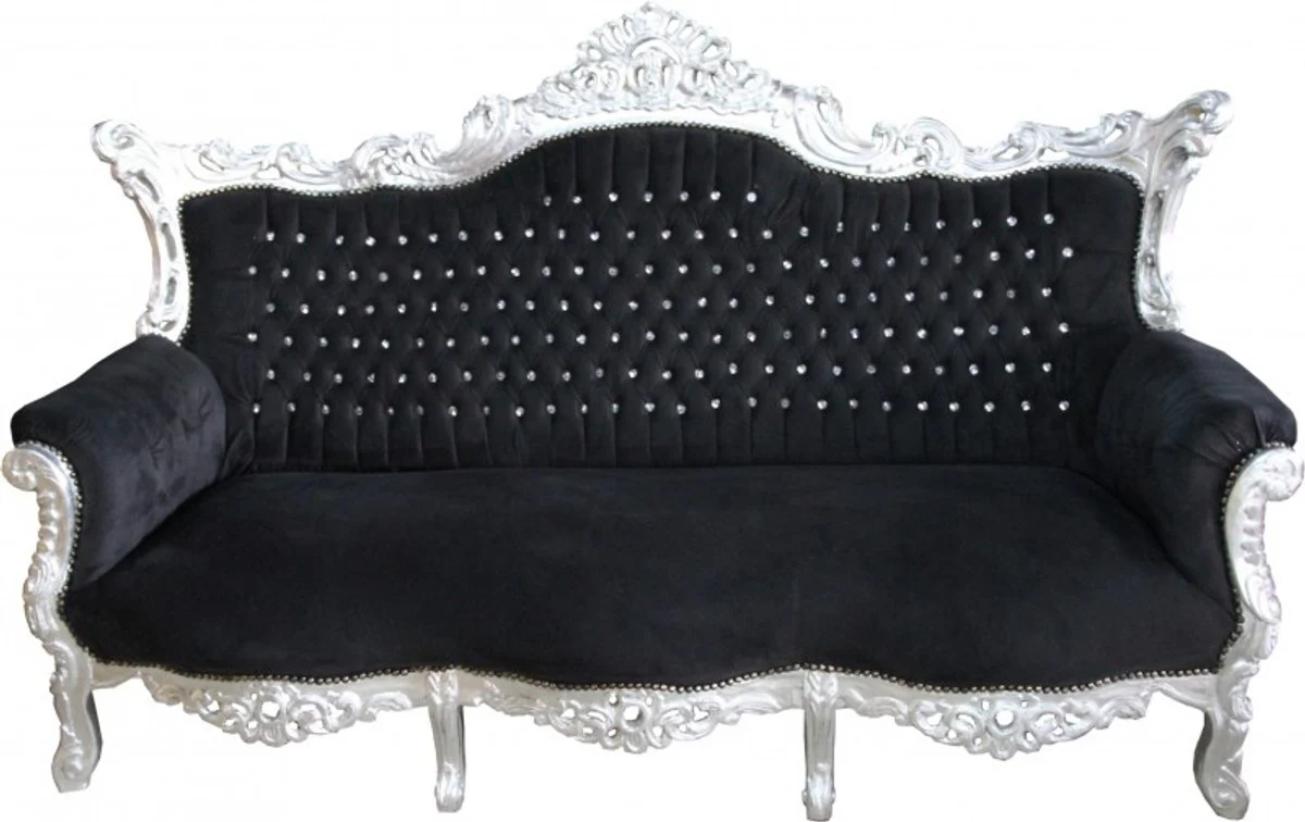 Baroque Sofa Master Black / Silver with Bling Bling Rhinestones - Furniture Couch Lounge